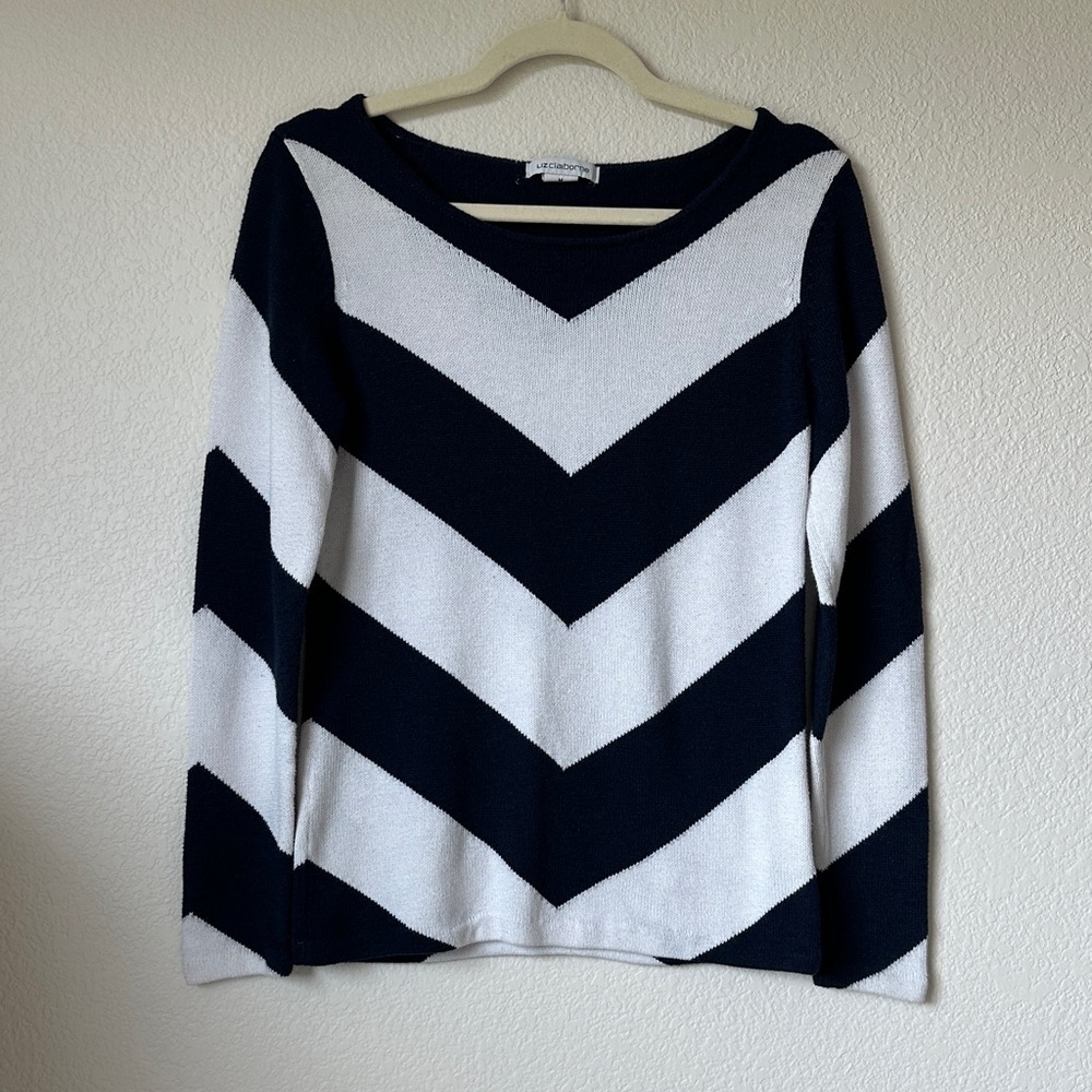 Liz Claiborne Chevron Sweater Navy Cream Boat Neck Cotton Blend Knit Top M